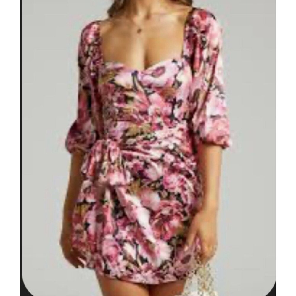 Showpo Pink Chloe Puff Sleeve Sash‎ Mini Dress Floral Bloomcore Wedding Party 6
